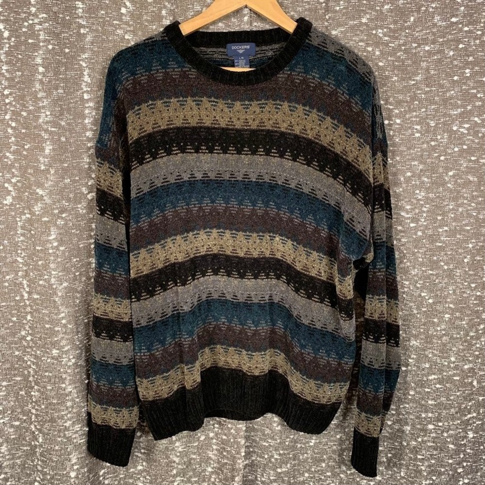 Dockers Crew Neck Knit Sweater Geometric Striped Grandpacore Men's Large